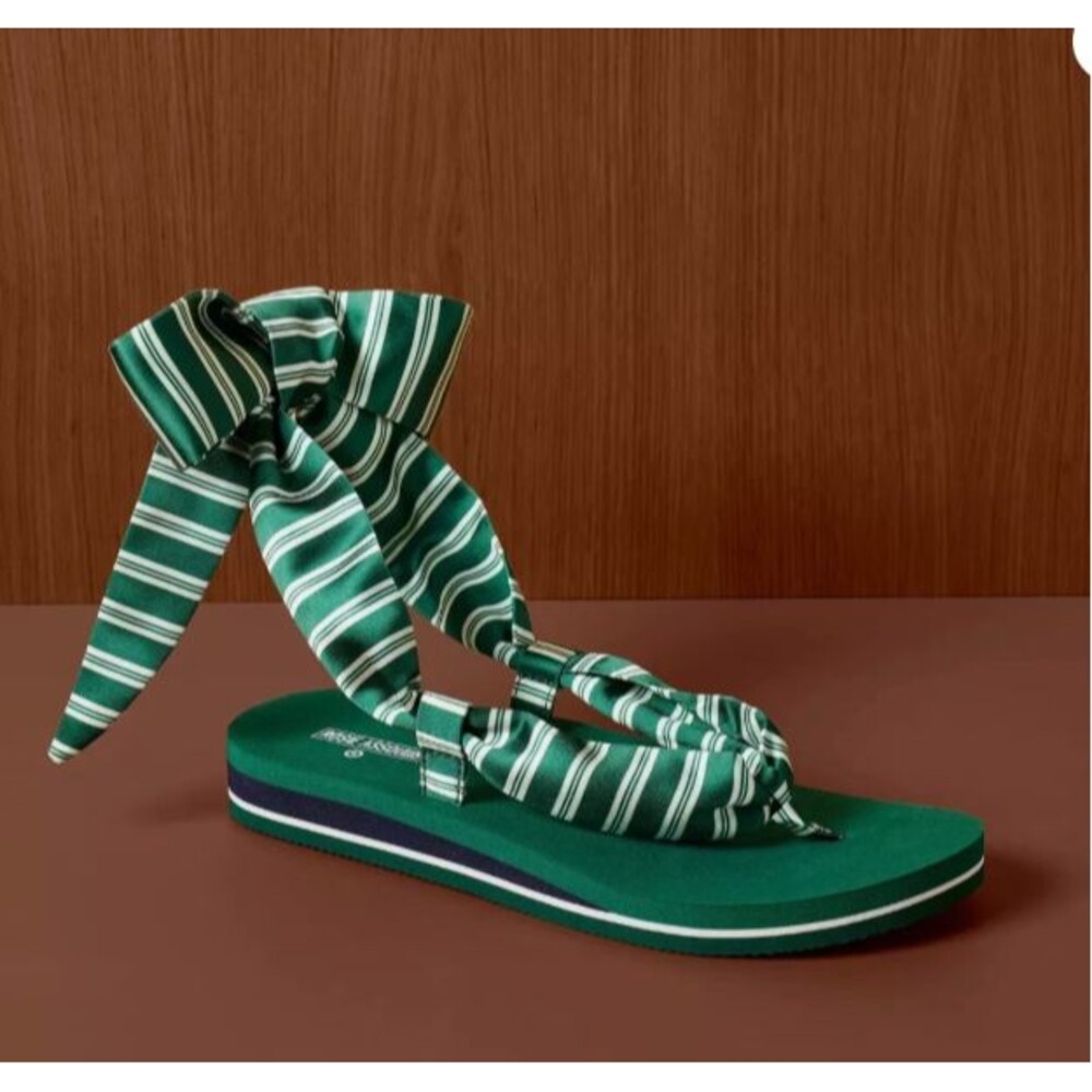 Rosie Assoulin Women’s Striped Flat Sandals Bow Tie Ankle Strap Green US 11 NWT